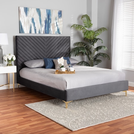 Baxton Studio Fabrico Glam and Luxe Grey Velvet Upholstered and Gold Metal Queen Size Platform Bed 214-10938-ZORO